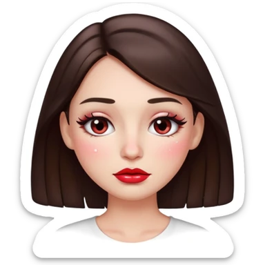 “Emoji brunette girl, dewy skin, heavy blush across cheeks and nose bridge, glossy cherry lips, soft eyeliner, teary sparkling eyes sticker