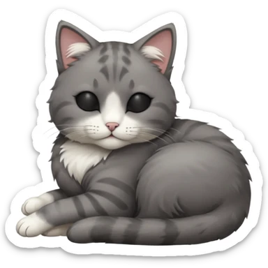 dark grey and white small cat with closed eyes, leaning his head on his paw while leaning on his elbow lying down sticker
