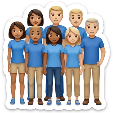 CREA UN EMOJI DE 7 PERSONAS HOMBRES Y MUJERES, CON CAMISA AZUL SOLO 7 SIETE PERSONAS CUERPO COMPLETO sticker