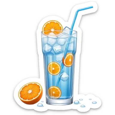 A tall glass of mikan soda with floating orange slices and ice, tiny bubbles rising, soft blue drink, sunlight through glass. sticker