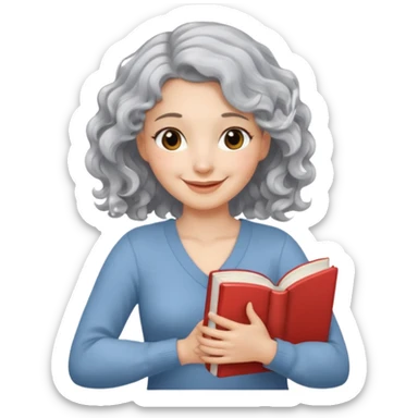 Silver hair, wavy/curly hair chin-length lady giving hug with 2 arms,  v-neck and smiling, add a favorite book sticker