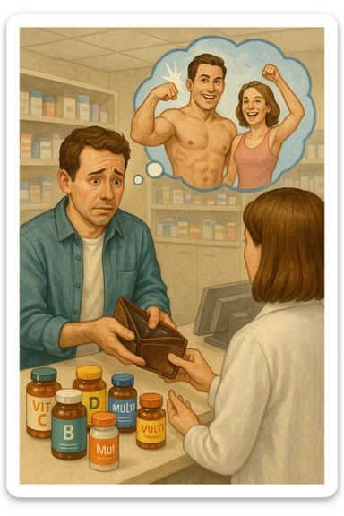a man stands at a pharmacy counter, handing over a nearly empty wallet to the cashier while the counter is filled with bottles of supplements and vitamins. His expression is hopeful but slightly anxious. In the background, a thought bubble shows exaggerated images of instant health and fitness, symbolizing unrealistic expectations.  sticker