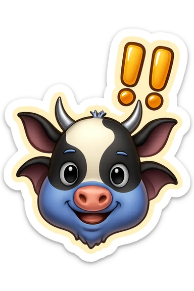Add a bold '!!' above the head of the cow-bat hybrid emoji. Keep the same style and colors as the reference image. Ensure high visibility suitable for Discord and Slack. No background (transparent). sticker