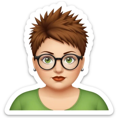  plus size white women round nose with short  brown shaggy spiked hair wearing glasses green eyes sticker