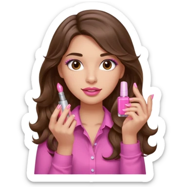 girl with long wavy brown hair, brown eyes, light to medium complexion, in a pink shirt, pink lips, long lashes, puckered lips,  painting long finger nails sticker