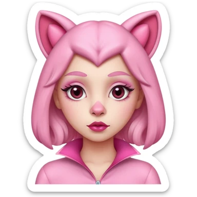 A woman dressed as a pink panther with soft pink skin, big expressive eyes, and glossy lips has a calm, pouty look. Pink animal ears and subtle heart details give her a sweet, playful vibe sticker