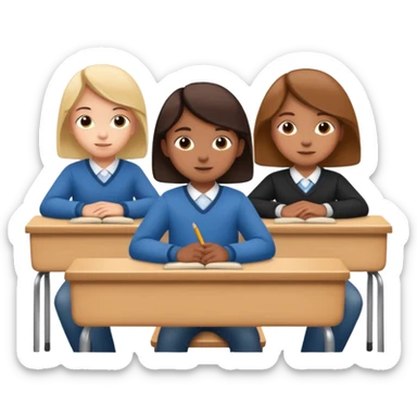 three school children sitting in a row behind their school desks sticker