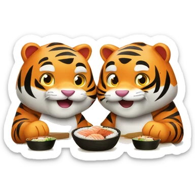 two happy tigers eating sushi sticker