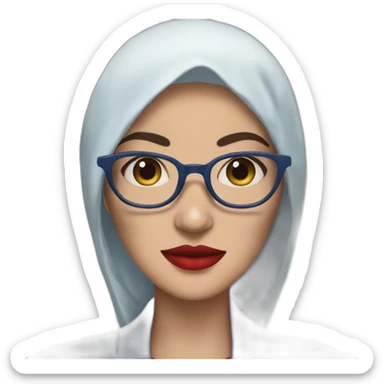 Hijabi white woman with glasses and brown eyes wearing a blue suit and red lipstick sticker