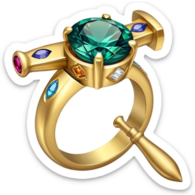 Create a bright and eye-catching emoji symbolizing jewelry craftsmanship and the art of making jewelry. Include a sparkling gemstone, a delicate ring, and tools like a hammer or chisel. The design should be elegant, with fine details and a luxurious feel, representing the precision and artistry of jewelry making. Use vivid colors like gold, silver, and deep jewel tones for the gemstone. Ensure the icon has a transparent background. sticker