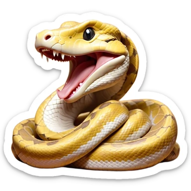 Cinematic Cute Yawning Python Portrait Emoji, Head tilted slightly with a dramatic, wide-open yawn, showcasing a sinuous, scaled form with drowsy, half-closed eyes and an open, relaxed mouth, Simplified yet irresistibly adorable features, highly detailed, glowing with a soft, cozy earthy glow, high shine, relaxed yet expressive, stylized with a dash of whimsical reptilian charm, soft glowing outline, capturing the essence of a drowsy yet affectionate python that appears ready to stretch out for a nap! sticker