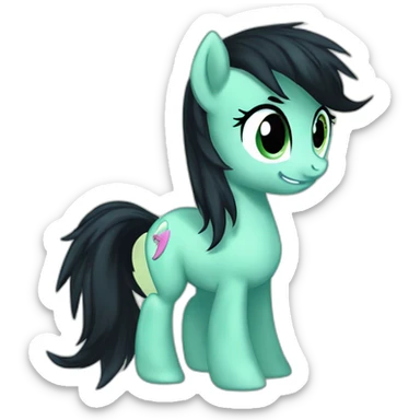 filly from equestria with a green coat and a black dishevelead mane and tail with a cutie mark with a cutie mark sticker