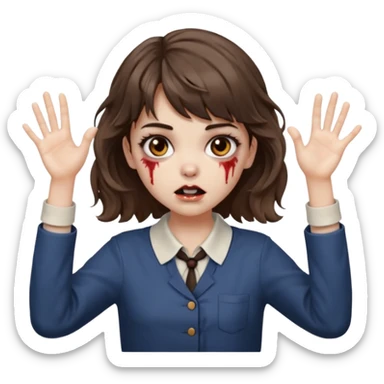 Cabelo ondulado  um pouco cheio e franja curta  Olhos marrons e pequenos e feita d ezumbi mais bonita com cabelo amarro na e com as mãos assim tipo assim🧟‍♀️ sticker