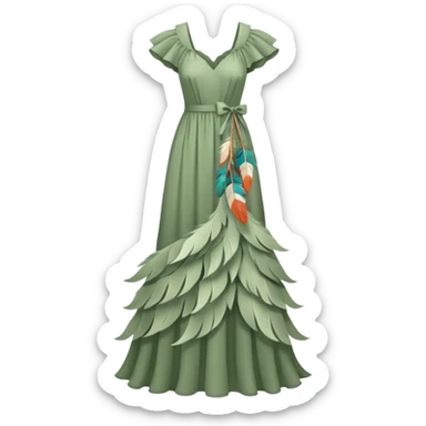 Sage green long dress with ruffles and feather  sticker