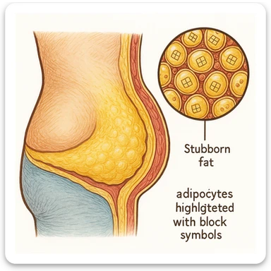 belly with stubborn fat, anatomical illustration, cellular details, adipocytes highlighted with block symbols, white background sticker