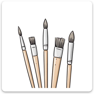 A set of artist paintbrushes in different sizes and shapes with wooden handles in pastel colors (dd9fb0, ffc6d3, a3bfc9, c4bee2, f1b091), hand-drawn doodle style sticker