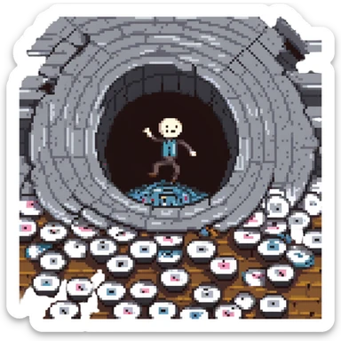 A stick figure falling into a pit full of vinyl records, like a 'Danger Zone' sign sticker