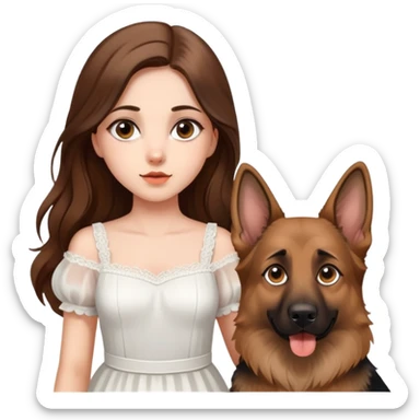 A beautiful girl with big eyes, fair skin, long brown hair with white dress and a German Shepherd dog sticker