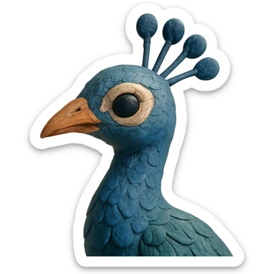 close-up of a peacock's head and neck, soft lighting, detailed feathers, claymation style sticker