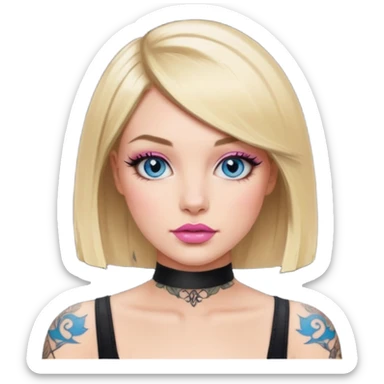 Woman, Blonde hair Medium blunt bob, blue eyes, makeup Smokey lid with doe lashes, pink lips, tattoo on arms, wearing black sticker