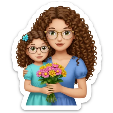 light skinned brunette long curly haired woman with green/hazel eyes framed with large round gold rimmed glasses holding big bright bunch of flowers with one hand and young kindergarten age daughter's hand (also with long brown curly hair) in other. White background. sticker