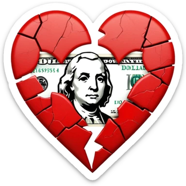 red broken heart glued together by dollars sticker