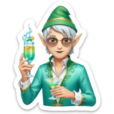 elf male bartender, flowing silver hair, pointy ears, unbuttoned iridescent silk shirt, summoning swirling glowing cocktail (teal and silver) in crystal flute with finger, moonlit beach backdrop, centered emoji, ethereal summer night, sticker style sticker