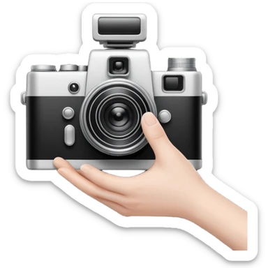 Minimalist emoji-style sticker of a photo camera ejecting a photo, but a hand comes out instead. Black and white, surreal icon.
 sticker