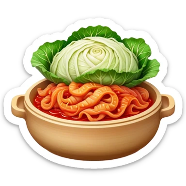 Cinematic Realistic Kimchi Dish Emoji, depicted as a vibrant fermented cabbage dish with a spicy kick rendered with detailed textures and dynamic, appetizing lighting. sticker