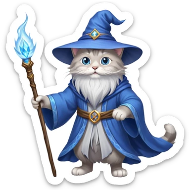 A cat wizard casting a spell with magical staff and flowing robes sticker