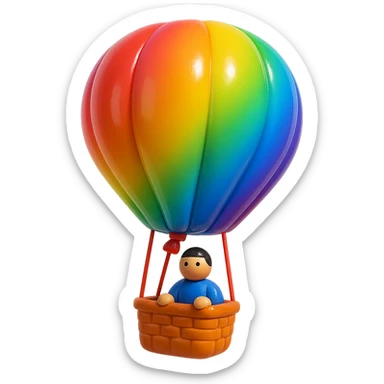 hot air balloon with a basket and a person riding in it, simple and colorful sticker