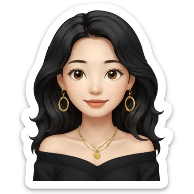 A South Korean girl in her thirties with long black soft wavy hair with middle part and layers. She is wearing a black off the shoulder long sleeve knit sweater, small gold hoop earrings and thin gold necklace. She has brown eyes with mono lid shape and smiling with lips together sticker