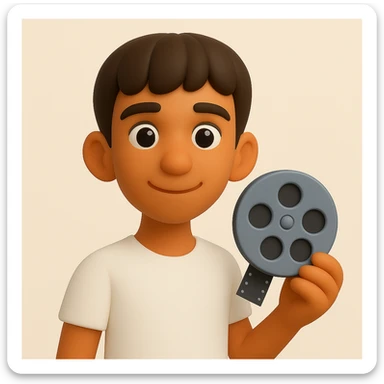 Make the man in the image slimmer and give him a kind face, while keeping the 3d-emoji style and retaining the cinema symbol in his hands. The style should resemble Microsoft style 3d fluent emojis. sticker