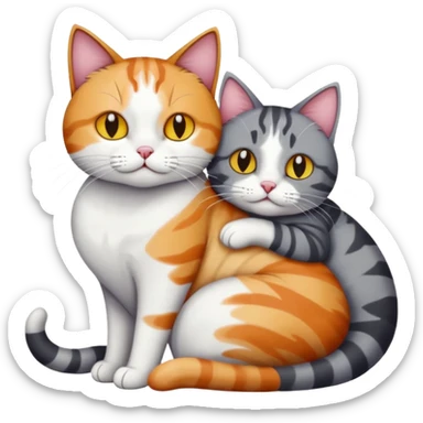 full body colourful light patched calico + white tabby cat cuddling a big dark grey and white tabby cat  sticker