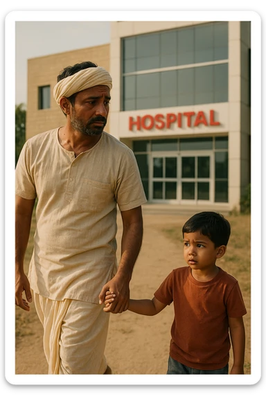 A concerned Indian farmer in traditional dhoti, bringing his small child (4 years old) to a hospital for a medical checkup, hospital building in background, emotional scene sticker