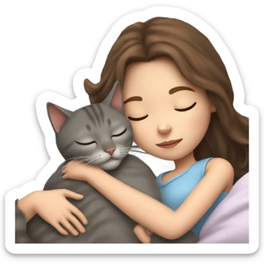 A Girl with Brown hair is sleeping with her grey cat in her arm sticker