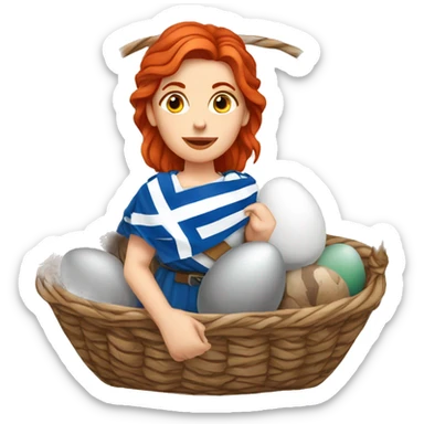 Greek Female winter mountaineer red hair white skin climbing with Greek Flag and Easter eggs basket sticker