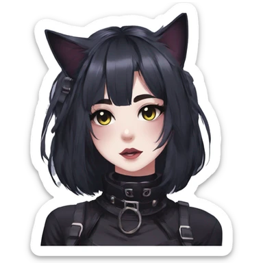 Gorgeous gothic dark techwear anime style anthro black cat with blushing face aesthetic and pretty edgy black with collar and harness trending style sticker