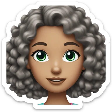 A brunette girl with green/blue/grey eyes and curly hair that has a pink bow in her hair and looks like a barbie sticker