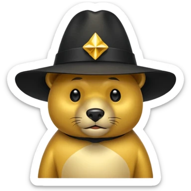 Oso dorado con sombrero negro  elegante y moño negro triste animatronico sticker
