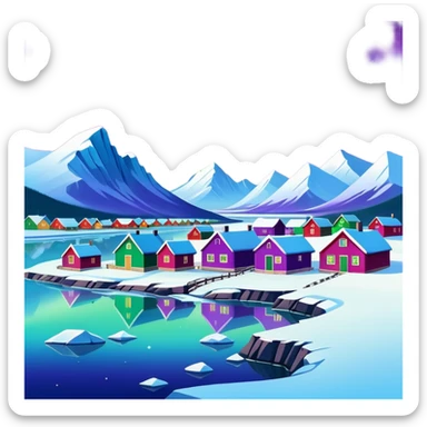 Mohe Arctic Village northernmost point of China with aurora borealis, simplified emoji style with bold outlines and bright colors, cartoon style village with northern lights sticker