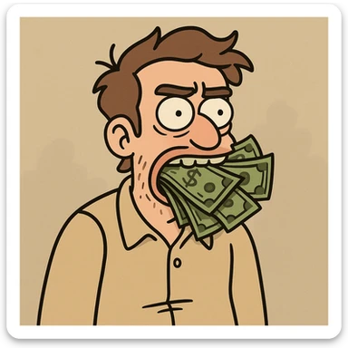 cartoon style illustration of a man with money stuffed in his mouth sticker