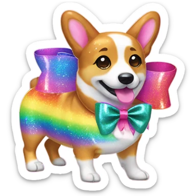 Lisa frank rainbow glitter corgi with ribbon bow on head sticker