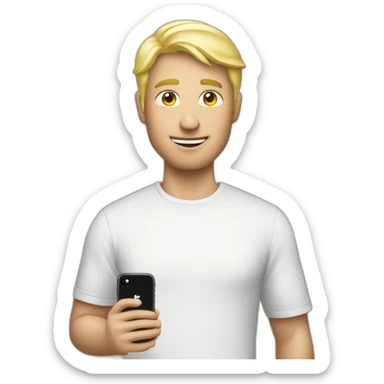 Blonde man wearing Apple logo shirt holding iphone sticker