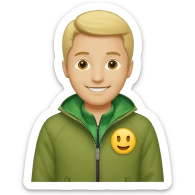 A yellow skintone man wearing a zipped up green jacket sticker