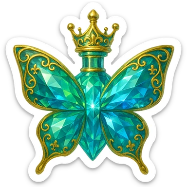 crystal butterfly-shaped bottle with short neck and princess crown, green and blue colors, many facets, glowing, ornaments, golden details, transparent background, floating in air, no ground or shadow, very close to the original sticker