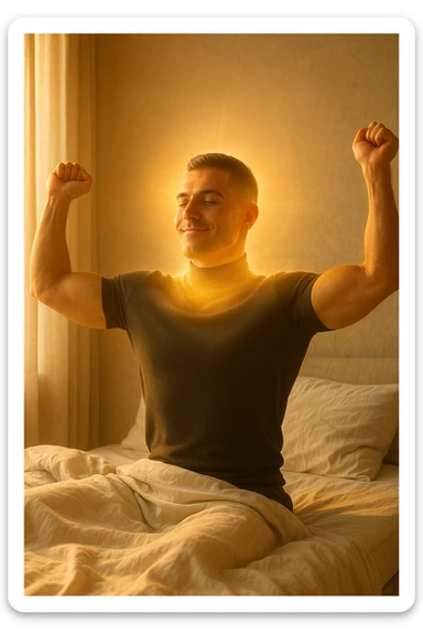 A cinematic photo of a man stretching in bed just after waking up, the morning sunlight flooding the room. His skin glows slightly, expression rested and serene. Muscles subtly defined, energy flowing through his posture. The air is filled with a golden calm. A symbolic glow surrounds his head and chest, representing mental clarity and physical recovery. The scene is clean, natural, minimalist. Rich in textures and realistic warmth. sticker