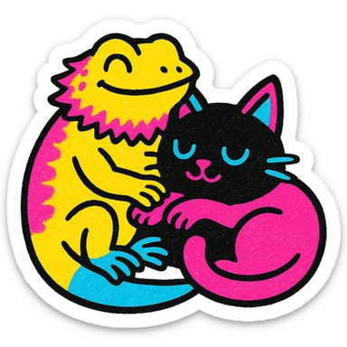 a bearded dragon and a black cat cuddling, playful, vibrant colors, pop colors style sticker
