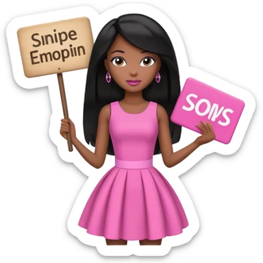 Black barbie, long black  hair, pink dress holding sign, that says snipe sticker