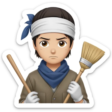 Levi Ackerman cleaning with bandana over hair, gloves, holding broom, annoyed expression sticker